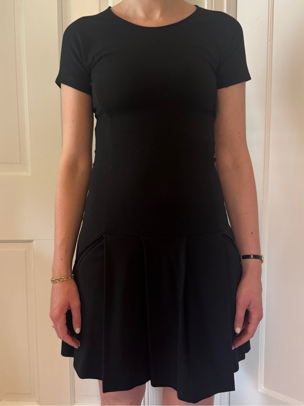 Theory Black wool blend Short Sleeve Fit-and-Flare Pleated Dress